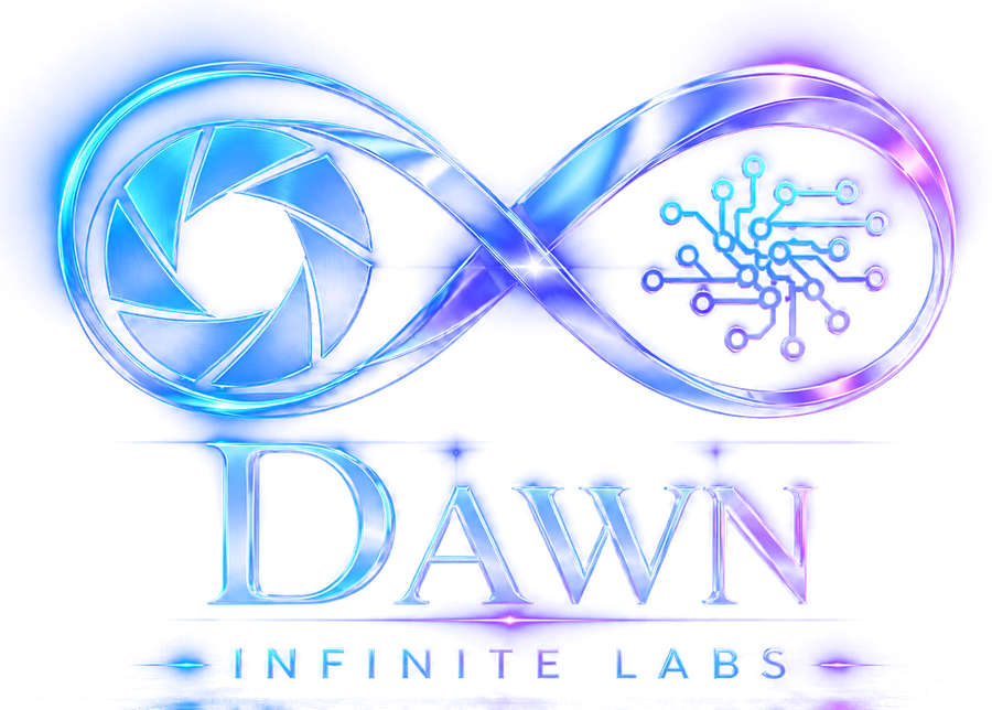 Dawn Infinite Labs — chrome infinity mark with camera aperture and circuit nodes